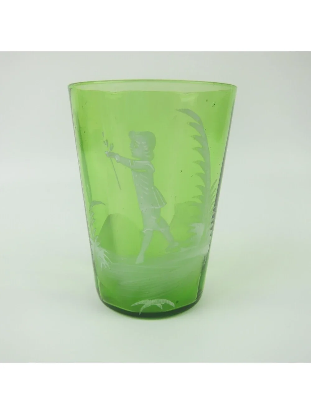 Antique Mary Gregory Green Drinking Glass Victorian Tumbler Boy Holding Flowers